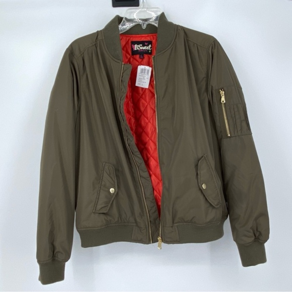 BSweet Olive Bomber Style Jacket with Orange Quilted interior size Large, NWT